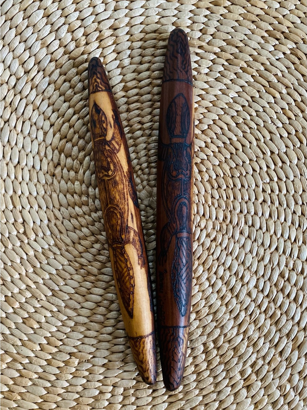 Vtg Aboriginal Art Wooden Authentic Clap Sticks by Don Nolan Koori Craft